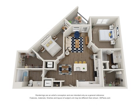 Floor plan for 2 beds, 2 baths, 1139 sqft